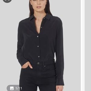 Equipment Femme small black silk button down shirt with embroidered back.